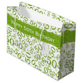 Happy 50th Birthday Number Pattern Green/White Groot Cadeauzakje (Voorkant Gekanteld)