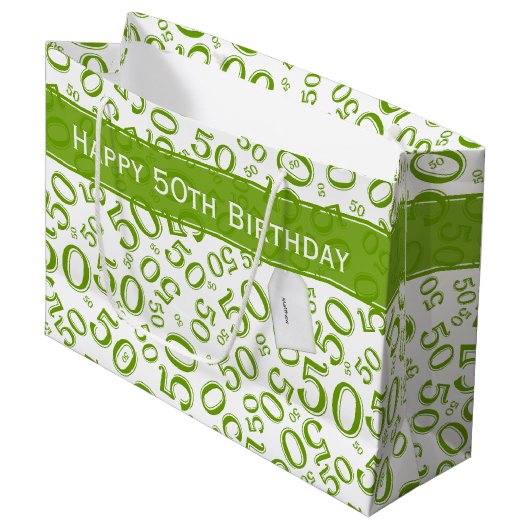 Happy 50th Birthday Number Pattern Green/White Groot Cadeauzakje (Voorkant Gekanteld)