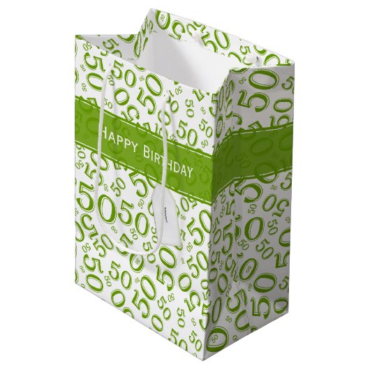 Happy 50th Birthday Number Pattern Green/White Medium Cadeauzakje (Voorkant Gekanteld)