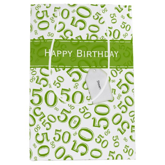 Happy 50th Birthday Number Pattern Green/White Medium Cadeauzakje (Voorkant)
