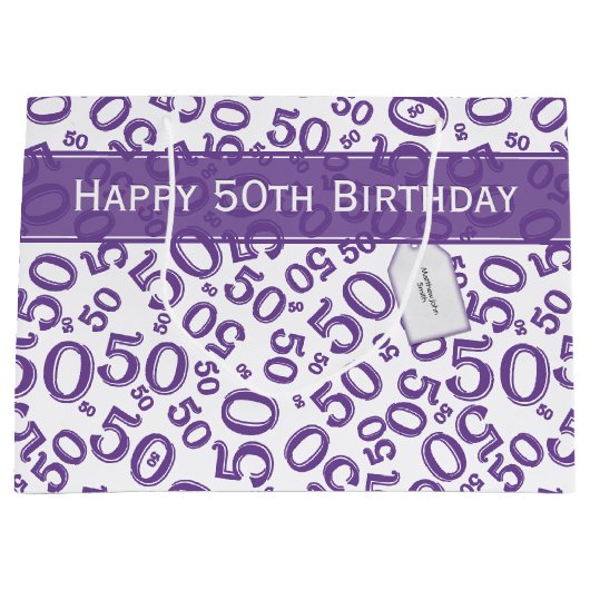 Happy 50th Birthday Number Pattern Paars/White Groot Cadeauzakje (Voorkant)