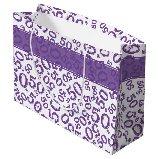 Happy 50th Birthday Number Pattern Paars/White Groot Cadeauzakje (Achterkant Gekanteld)