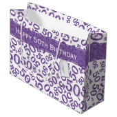 Happy 50th Birthday Number Pattern Paars/White Groot Cadeauzakje (Voorkant Gekanteld)