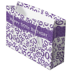 Happy 50th Birthday Number Pattern Paars/White Groot Cadeauzakje
