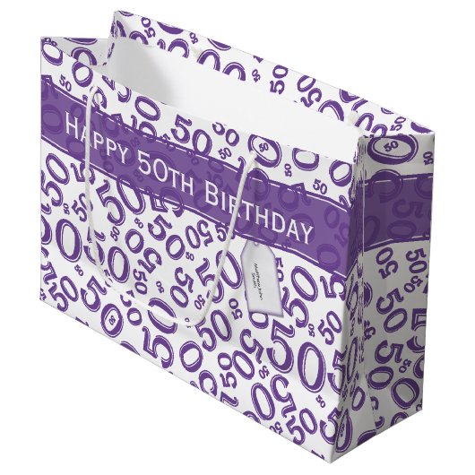 Happy 50th Birthday Number Pattern Paars/White Groot Cadeauzakje (Voorkant Gekanteld)
