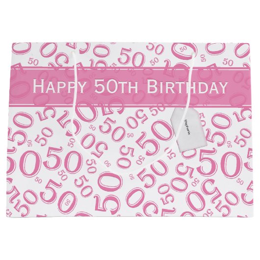 Happy 50th Birthday Number Pattern Pink/White Groot Cadeauzakje (Voorkant)