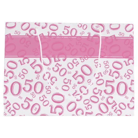 Happy 50th Birthday Number Pattern Pink/White Groot Cadeauzakje (Achterkant)