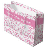 Happy 50th Birthday Number Pattern Pink/White Groot Cadeauzakje (Voorkant Gekanteld)