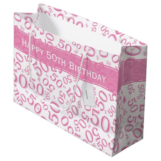 Happy 50th Birthday Number Pattern Pink/White Groot Cadeauzakje (Voorkant Gekanteld)