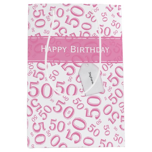 Happy 50th Birthday Number Pattern Pink/White Medium Cadeauzakje (Voorkant)