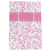 Happy 50th Birthday Number Pattern Pink/White Medium Cadeauzakje (Achterkant)