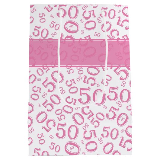 Happy 50th Birthday Number Pattern Pink/White Medium Cadeauzakje (Achterkant)