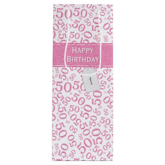 Happy 50th Birthday Number Pattern Pink/White Wijn Cadeautas (Voorkant)
