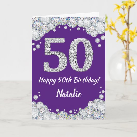 Happy 50th Birthday Paars en Silver Glitter Card Kaart (Gele Bloem)
