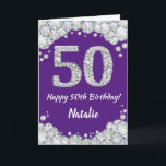 Happy 50th Birthday Paars en Silver Glitter Card Kaart<br><div class="desc">Happy 50th Birthday Paars and Silver Glitter Card met persoonlijke naam. Voor verdere aanpassing,  te klikken gelieve de knoop "van de Aanpassing het"en ons ontwerphulpmiddel te gebruiken om deze sjabloon te wijzigen.</div>