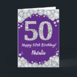 Happy 50th Birthday Paars en Silver Glitter Card Kaart<br><div class="desc">Happy 50th Birthday Paars and Silver Glitter Card met persoonlijke naam. Voor verdere aanpassing,  te klikken gelieve de knoop "van de Aanpassing het"en ons ontwerphulpmiddel te gebruiken om deze sjabloon te wijzigen.</div>