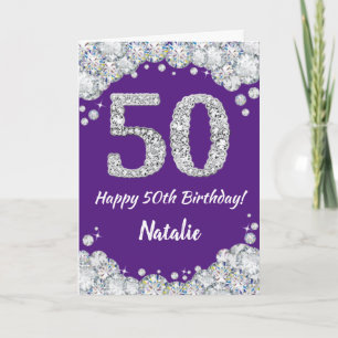 Happy 50th Birthday Paars en Silver Glitter Card Kaart