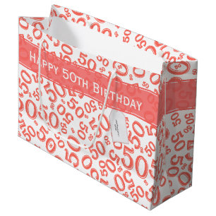 Happy 50th Birthday Party Pattern Coral and White Groot Cadeauzakje