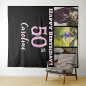 Happy 50th Birthday Party, Pink Glitter & 3 foto's Wandkleed (In Situ (horizontaal))