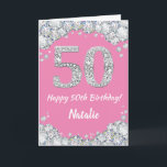 Happy 50th Birthday Pink en Silver Glitter Card Kaart<br><div class="desc">Happy 50th Birthday Pink and Silver Glitter Card met persoonlijke naam. Voor verdere aanpassing,  te klikken gelieve de knoop "van de Aanpassing het"en ons ontwerphulpmiddel te gebruiken om deze sjabloon te wijzigen.</div>