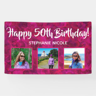 Happy 50th Birthday Pink Gepersonaliseerde foto's Spandoek