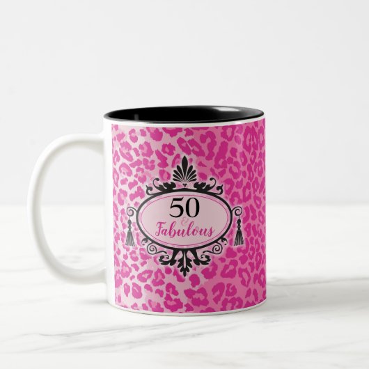Happy 50th Birthday Pink Leopard 50 en Fabulous T Tweekleurige Koffiemok (Links)