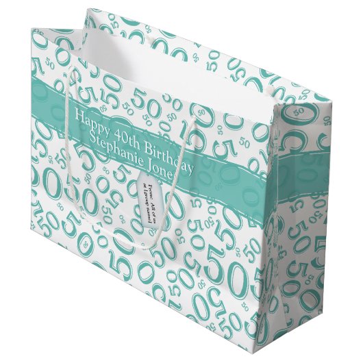 Happy 50th Birthday Random Pattern Blauwgroen/Whit Groot Cadeauzakje (Voorkant Gekanteld)