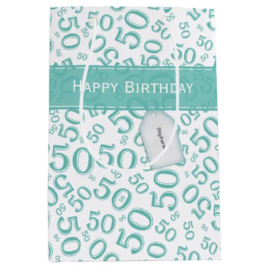 Happy 50th Birthday Random Pattern Blauwgroen/Whit Medium Cadeauzakje (Voorkant)