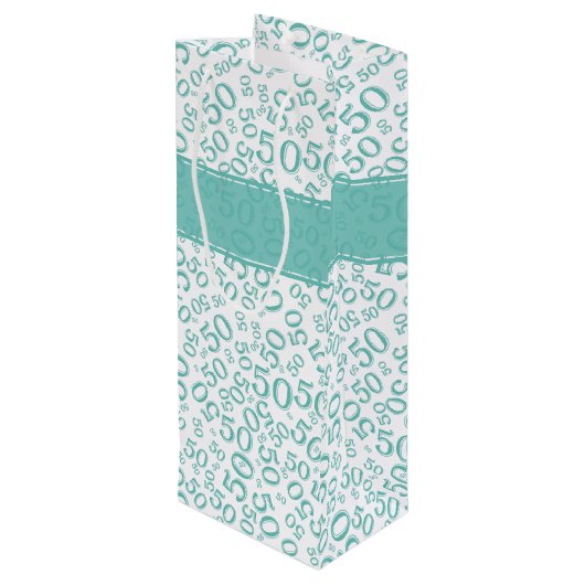 Happy 50th Birthday Random Pattern Blauwgroen/Whit Wijn Cadeautas (Achterkant Gekanteld)
