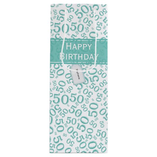 Happy 50th Birthday Random Pattern Blauwgroen/Whit Wijn Cadeautas (Voorkant)