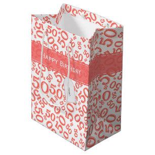 Happy 50th Birthday Random Pattern Coral/White Medium Cadeauzakje