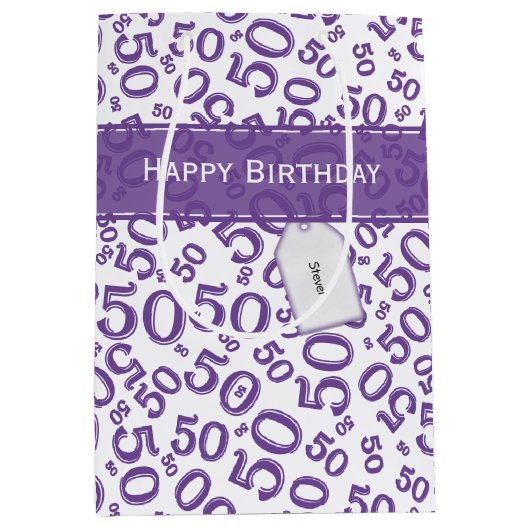 Happy 50th Birthday Random Pattern Paars/White Medium Cadeauzakje (Voorkant)