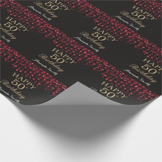 Happy 50th Birthday Red Black en Gold Glitter Cadeaupapier (Hoek)