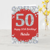 Happy 50th Birthday Red en Silver Glitter Card Kaart (Gele Bloem)