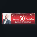 Happy 50th Birthday Red met Confetti One Photo Spandoek<br><div class="desc">Gefeliciteerd met deze enorme mijlpaal in je leven! Deze banner is een één fotooptie met rode gradiëntachtergrond en leuke confetti hoogste boarder. Fun en eenvoudig sjabloon kan worden aangepast aan de behoeften van je verjaardagsfeestje!</div>