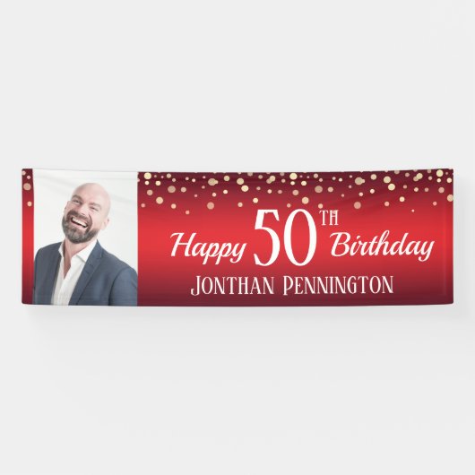 Happy 50th Birthday Red met Confetti One Photo Spandoek (Horizontaal)