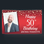 Happy 50th Birthday Red met Confetti One Photo Spandoek<br><div class="desc">Gefeliciteerd met deze enorme mijlpaal in je leven! Deze banner is een één fotooptie met rode gradiëntachtergrond en leuke confetti hoogste boarder. Fun en eenvoudig sjabloon kan worden aangepast aan de behoeften van je verjaardagsfeestje!</div>