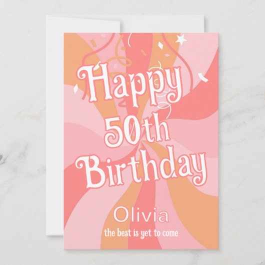 Happy 50th Birthday Roze en Sinaasappel Retro Kaart (Voorkant)