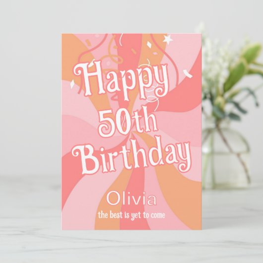 Happy 50th Birthday Roze en Sinaasappel Retro Kaart (Staand voorkant)