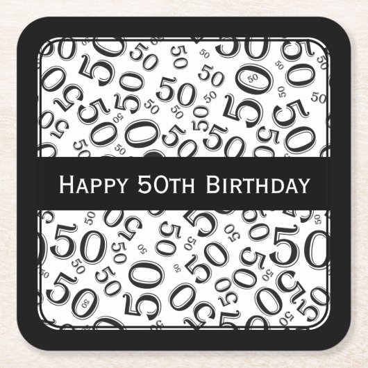 "Happy 50th Birthday" - thema Sq van de zwarte/wit Kartonnen Onderzetters (Voorkant)