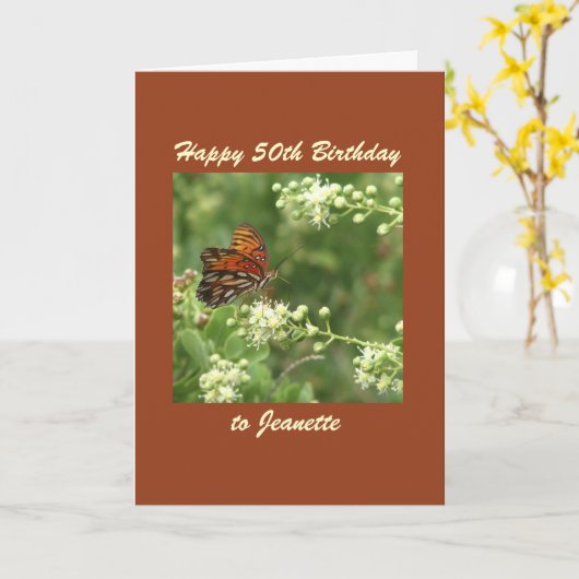 Happy 50th Birthday Wenskaart Butterfly Custom Kaart (Gele Bloem)