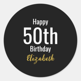 Happy 50th Birthday with Name Gold Black and White Ronde Sticker