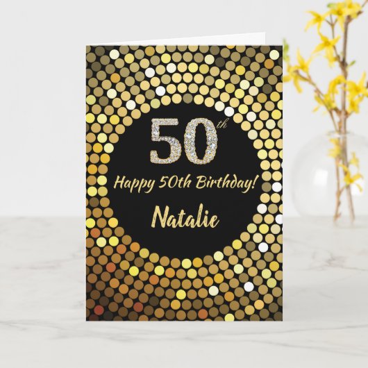 Happy 50th Birthday Zwart en Goud Glitter Kaart (Gele Bloem)