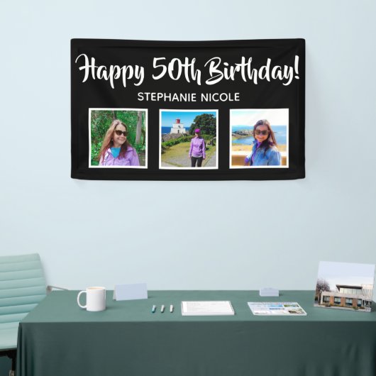 Happy 50th Birthday Zwart Gepersonaliseerde Foto's Spandoek (Beurs)