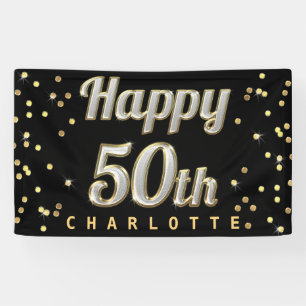 Happy 50th Bling Typography Gold Confetti Black Spandoek