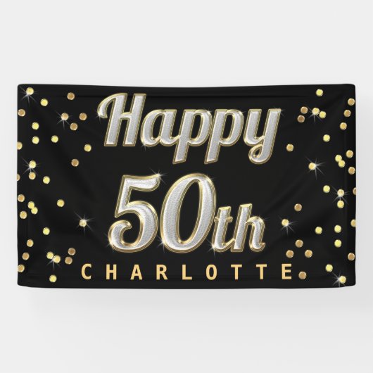 Happy 50th Bling Typography Gold Confetti Black Spandoek (Horizontaal)