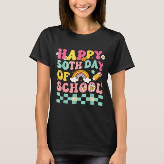 Happy 50th Day Of School Retro Teacher Students Sm T-shirt (Voorkant)