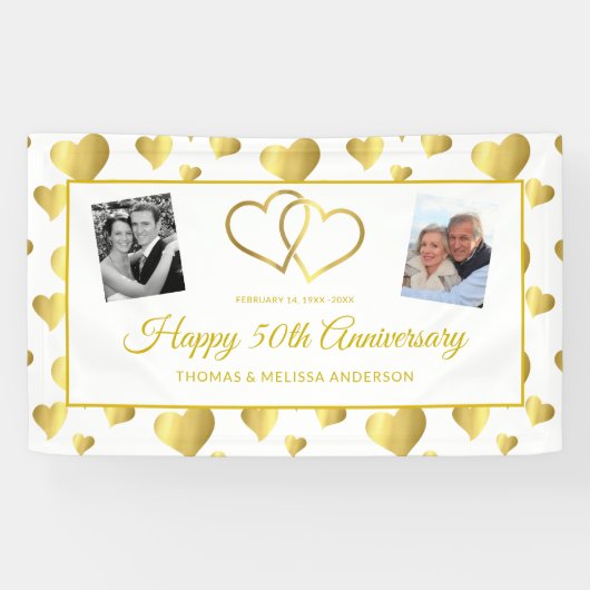 HAPPY 50th JUBILEUM GOLD HEARTS & PHOTOS BANNER (Horizontaal)