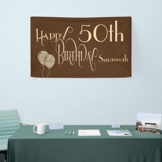 Happy 50th Verjaardag Naam Gold Text Brown Spandoek (Beurs)