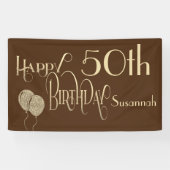Happy 50th Verjaardag Naam Gold Text Brown Spandoek (Horizontaal)